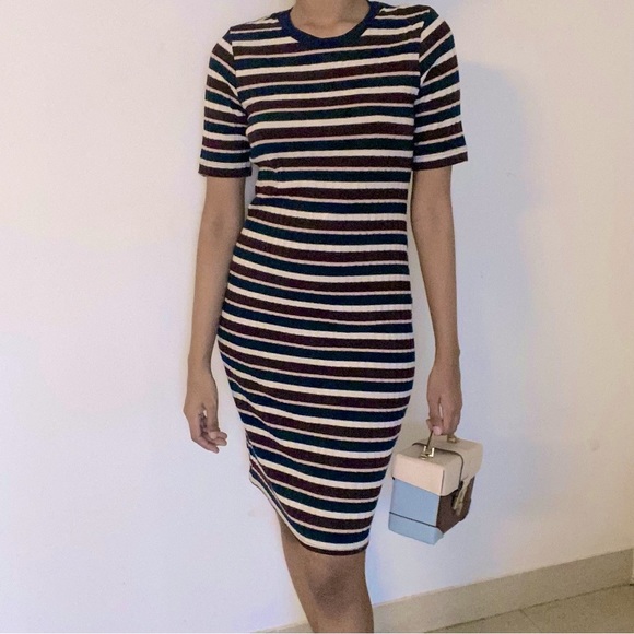 Dorothy Perkins Dresses & Skirts - Dorothy Perkins Navy White Burgundy Pink shimmer stripe stretch dress